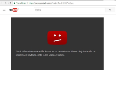 Esimerkiksi Tuure Boeliuksen kaapistatulovideo jää YouTube-palvelun ´rajoitetussa tilassa´ edelleen suodatetuksi 23.4..