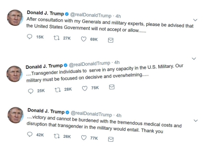 USA:n presidentti Donald Trump ilmoitti Twitterissä, etteivät transsukupuoliset voi palvella maan asevoimissa.