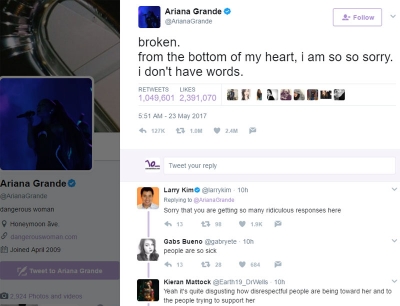 Ariana Grande julkaisi Twitterissä viestin tapahtuneen jälkeen.