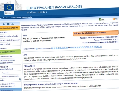 Allekirjoittajia liian vähän, todetaan rauenneiden EU-kansalaisaloitteiden arkistossa olevissa tiedoissa. (kuvakaappaus)