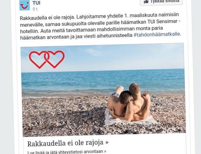 Matkatoimisto TUI aikoo lahjoittaa jollekin arvontaan ilmoittautuneelle 1.3. avioituvalle samaa sukupuolta olevalle parille häämatkan.