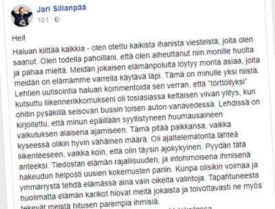 Laulaja Jari Sillanpää kommentoi tiistai-illan tapahtumia Facebook-päivityksessä.