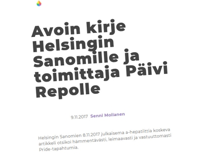 Helsinki Pride kritisoi verkkosivuillaan torstaina 9.11. julkaisemassaan kirjeessä Helsingin Sanomia A hepatiitti -uutisoinnin otsikoinnista (kuvakaappaus)