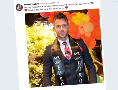 Mr. Gay England Matt Rood on myös tuore Mr. Gay Europe (kuvakaappaus Twitteristä)