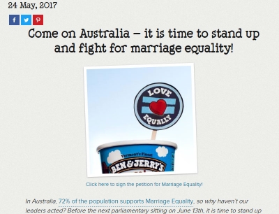 Ben & Jerry´s kampanjoi Australiassa yhdenvertaisen avioliittolainsäädännön puolesta.