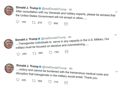 USA:n presidentti Donald Trump ilmoitti heinäkuun lopulla Twitterissä, etteivät transsukupuoliset voi palvella maan asevoimissa. Päätöstä ei ole toistaiseksi vahvistettu.
