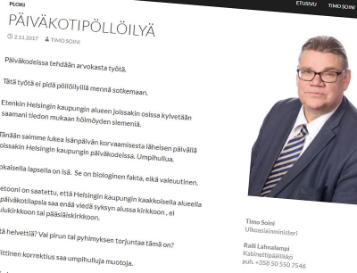Kirjoitukselleen Soini on antanut otsikon ´Päiväkotipöllöilyä´ (kuvakaappaus Timo Soinin blogista).