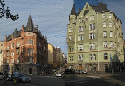 Kaksi hienoa taloa muodostaa portin Luotsikadulle. Luotsikatu on Katajanokan mahtava pääkatu.