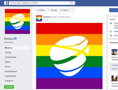 Teleoperaattori Sonera ilmaisi kantansa tasa-arvoisen avioliittolain voimaantuloon tuomalla Facebook-sivulleen sateenkaaren värit lakiuudistuksen voimaantulopäivänä. (kuvakaappaus Soneran FB-sivuilta)