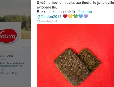 Vaasan onnittelee. (kuvakaappaus Twitteristä)