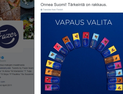 Fazer onnittelee (kuvakaappaus Twitteristä)