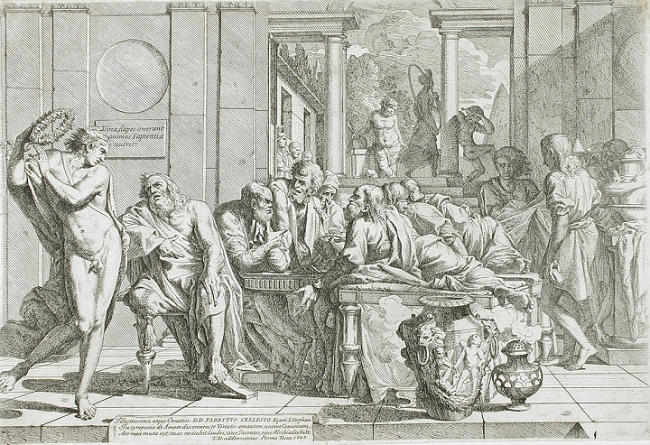 Juopunut Alkibiades keskeuyttää pidot, kuvca vuodelta 1648.